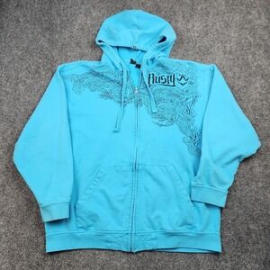 Vintage Rusty Hoodie Mens 2XL Blue Full Zip Graphic Surf Skate Streetwear Y2K